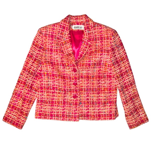 Harlan Jackets & Blazers - Vintage Harlan Tweed Pink Orange Plaid Blazer Suit Jacket Pink Buttons Size 8